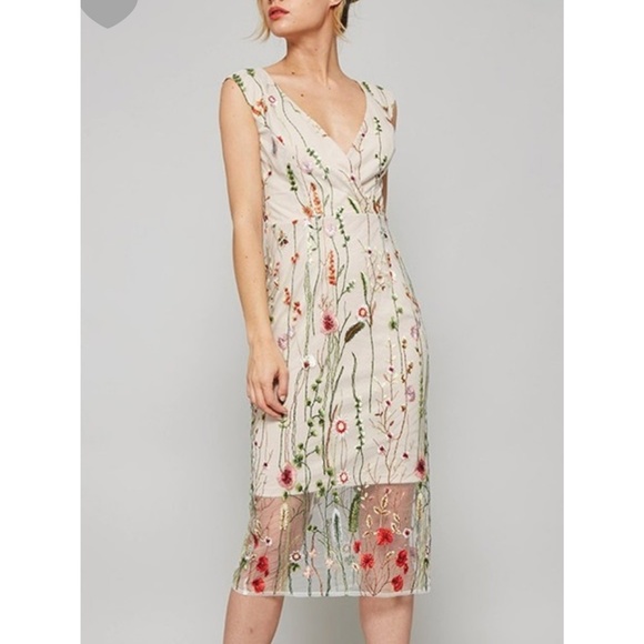 Promesa Floral Embroidered Midi Dress - Cream and Green - Picture 3 of 7
